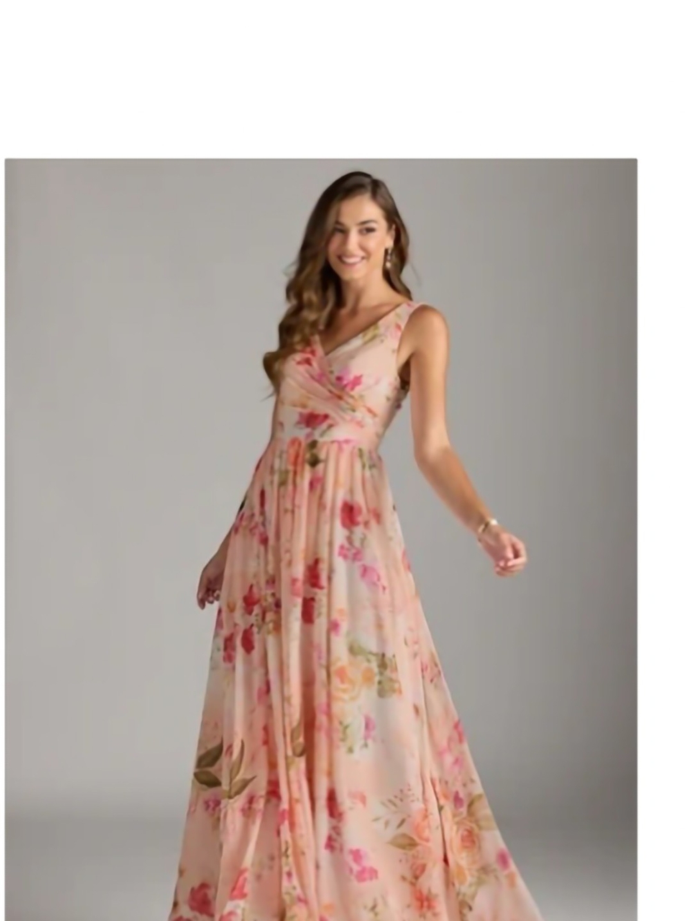 Azazie Floral V-Neck Chiffon Maxi Dress in Blush Pink/peach